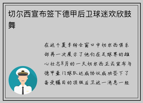 切尔西宣布签下德甲后卫球迷欢欣鼓舞